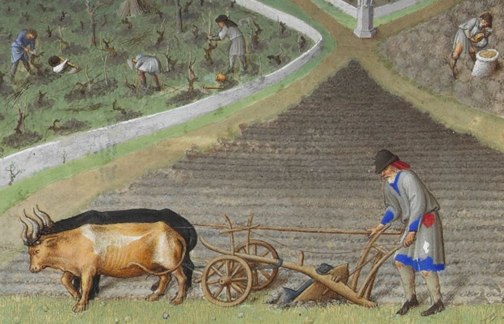 First farm work of the year, sowing and ploughing and suchlike. The castle in the background is Lusignan. Detail from the calendar Les très riches heures from the 15th century. This is a detail from the painting for March.