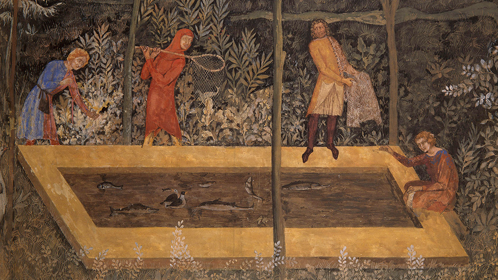 Fischen im Teich, Wandmalerei im Papstpalast, Avignon, Frankreich, 1910 (Originalwerk: 1343-1344)