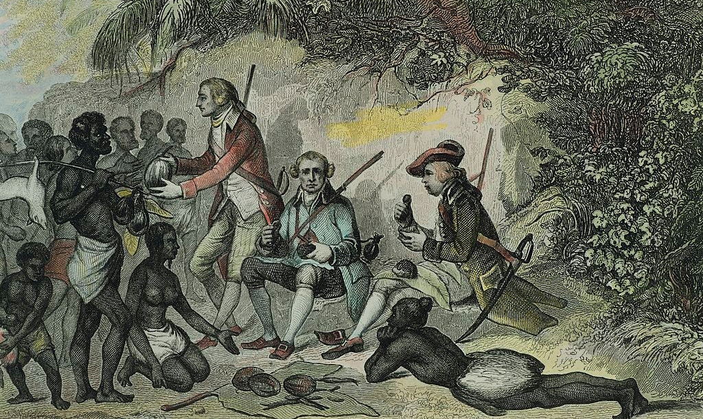 ST028-03 James Cook mangeant avec Tahitiens gravure 18e