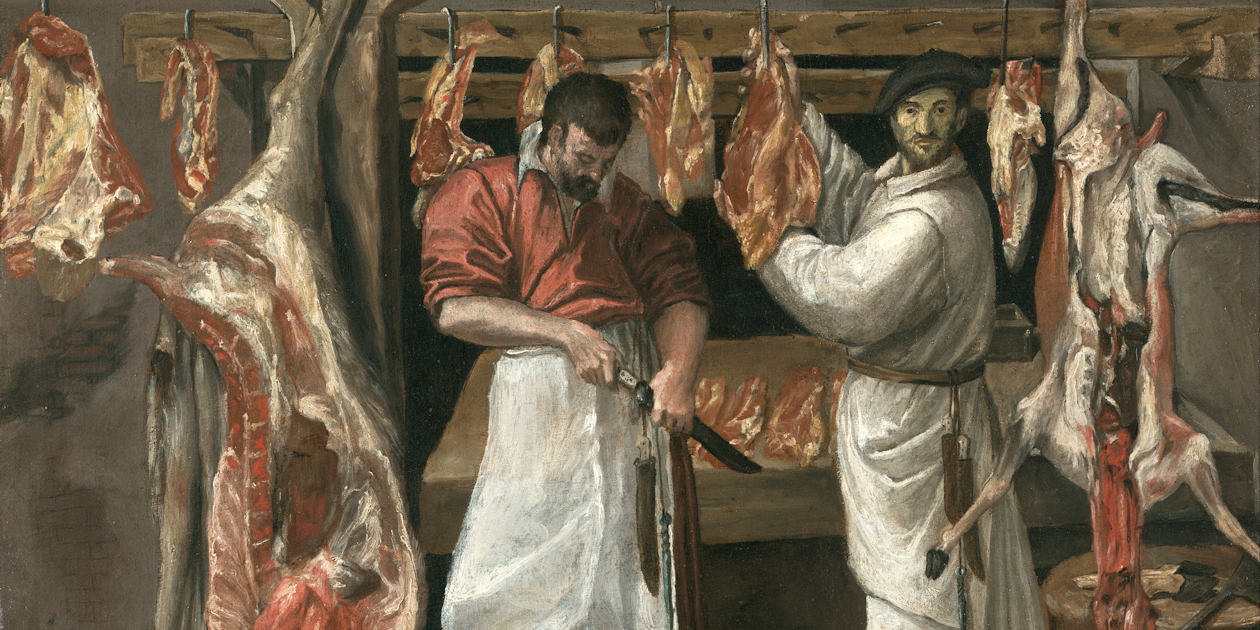 Lames, crocs, viscères et tabliers blancs : des constantes dans l’iconographie des bouchers (ici chez Annibale Carraci, La boucherie, huile sur toile, c. 1580, Kimbell Art Museum, Fort Worth, Texas, US). ©DP