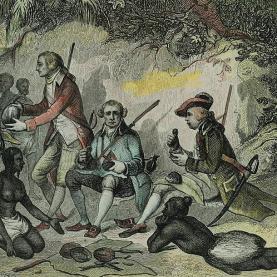 ST028-03 James Cook mangeant avec Tahitiens gravure 18e