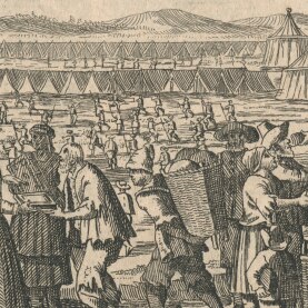 Gravure représentant la distribution de pain aux immigrants arrivant en Angleterre en 1709, Neu eröffneter Historischer Bildersaal, Allemagne, 1727, p.526, AL4066