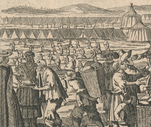 Gravure représentant la distribution de pain aux immigrants arrivant en Angleterre en 1709, Neu eröffneter Historischer Bildersaal, Allemagne, 1727, p.526, AL4066